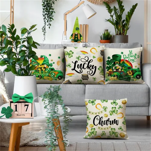 Miniatura 2 de NIGHTWISH Juego de 4 fundas de almohada del Día de San Patricio de 16 x 16 pulgadas, diseño de gnomo de camión de trébol, decoración del día de San