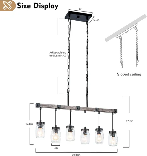 Miniatura 6 de Iluminación de isla de cocina de granja, candelabro de tarro de masón, candelabro rústico lineal de 6 luces, lámpara colgante de 30 pulgadas