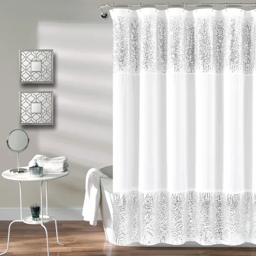 Lush Decor 1 cortina de ducha con lentejuelas brillantes, diseño elegante y brillante para baño, 70 x 72 pulgadas, plateado y blanco, 70 x 72