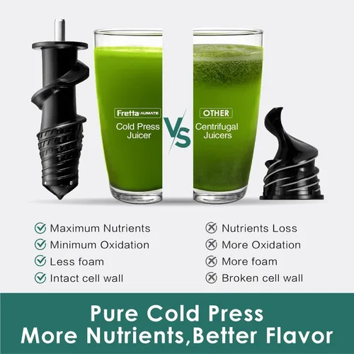 Miniatura 7 de Fretta Exprimidor de prensa en frío, exprimidor lento masticador, máquina de jugo de frutas y verduras, exprimidor prensado, sin BPA, motor