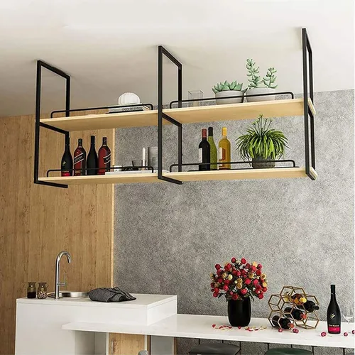 Miniatura 3 de Estantería de techo, estante de almacenamiento montado en el techo de 2 niveles de madera maciza de hierro nórdico, libros de plantas para botellas