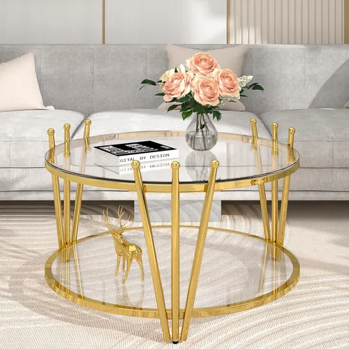 Miniatura 3 de Mesa de centro redonda de cristal dorado de 31.5 pulgadas para sala de estar, diseño moderno de corona de acero inoxidable, mesa de centro pequeña