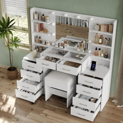 Miniatura 3 de Yanosaku Tocador de maquillaje de 55 pulgadas de ancho con espejo y luces, 10 cajones con estación de carga, 6 estantes abiertos, 3 modos
