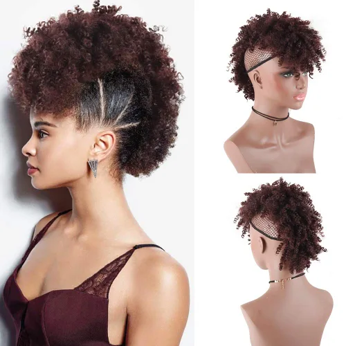 Miniatura 8 de Aisaide Cola de caballo afro Mohawk alta con flequillo sin cordón, extensión de cola de caballo corta rizada sin cordón, clip sintético en moño