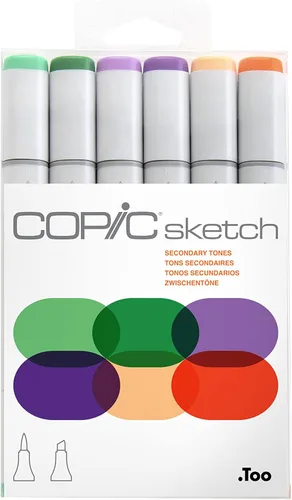 Marcadores de Alcohol Copic Sketch, Juego de Marcadores de Arte de Doble Punta de 6 Colores – Puntas de Pincel Mezclables para Dibujar, Hacer Tono
