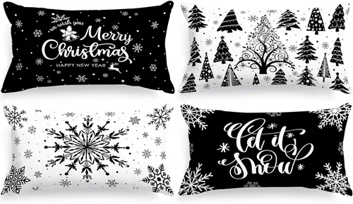 Miniatura 27 de Lanpn Fundas de Almohada Decorativas de Navidad 16x16 4 piezas, Negro Blanco Feliz Navidad Navidad Invierno Copo de Nieve Decorativas Vacaciones