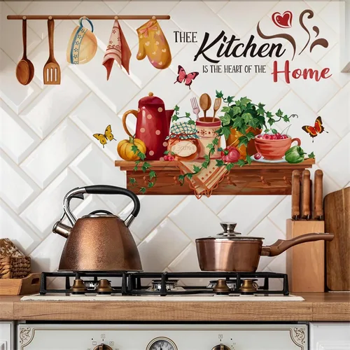 Kitchen is the Heart of Home - Calcomanías de pared para utensilios de cocina, diseño de mariposas verdes, vinilo extraíble para cocina, comedor,