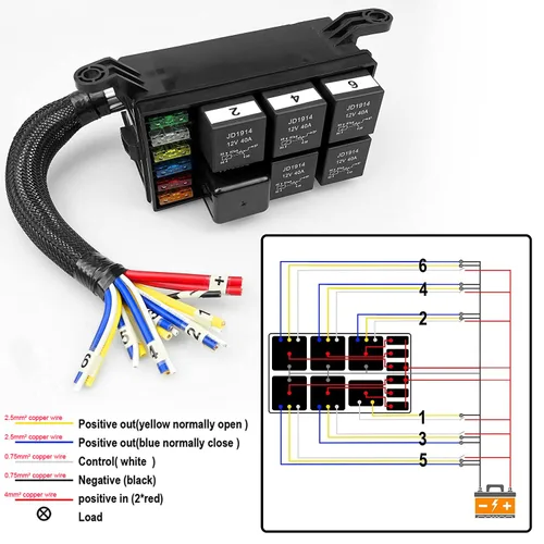 Miniatura 3 de Gebildet Caja de fusibles y relés de 12 V con 5 pines JD1914 40A relé y 1 relé de 4 pines 6 fusibles ATC/ATO, caja de relé de fusibles impermeable