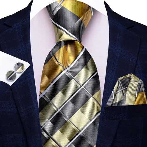 Miniatura 50 de Hi-Tie Corbata clásica de cachemira para hombre con pañuelo y gemelos a cuadros
