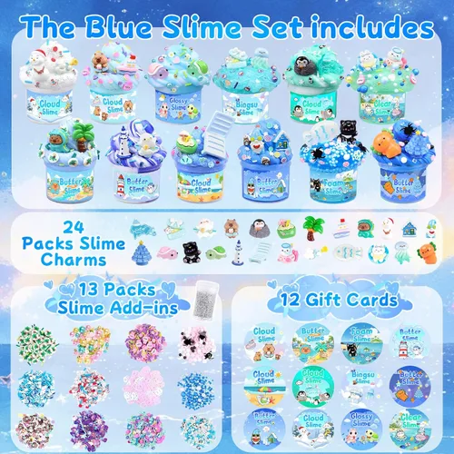 Miniatura 9 de Paquete de 12 slimes, kit de limo azul, limos de mantequilla transparentes, slime de nube, kit de bricolaje esponjoso para niñas y niños, regalos