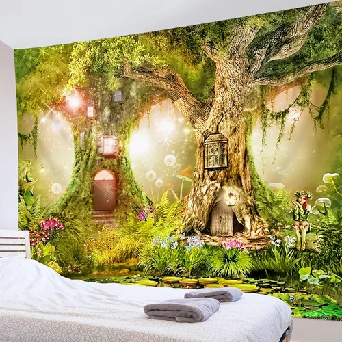 Miniatura 19 de HVEST Tapiz de bosque de cuento de hadas para colgar en la pared, estanque de lirios de agua, árboles mágicos, casas en el país de los sueños, tapiz