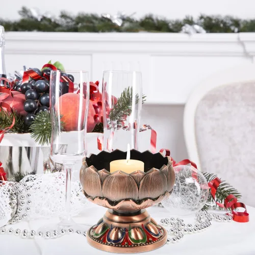 Miniatura 3 de Vaguelly Portavelas de cobre con forma de loto, soporte de luz de té de budismo, lámpara decorativa de mantequilla para el hogar y el salón de Buda