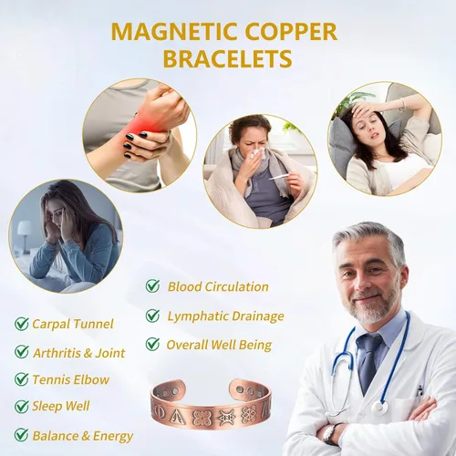 Miniatura 2 de Pulsera magnética de cobre para hombre, 99.9% de cobre puro, con 6 imanes de 3500 Gauss, pulsera magnética de cobre para hombres, pulseras de cobre