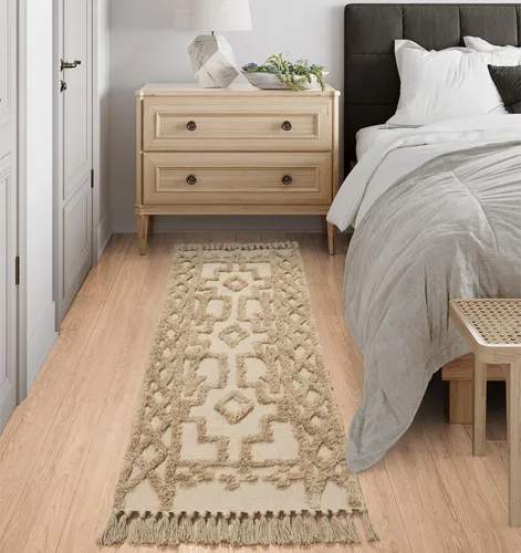 Miniatura 15 de Uphome Alfombra bohemia para pasillo de 2 x 6 pies, color beige, de algodón, lavable, con borlas, tejida a mano, alfombra de pasillo occidental