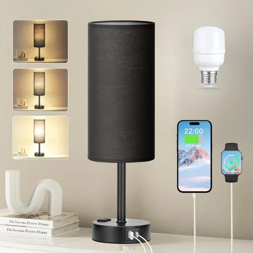Miniatura 39 de Fenmzee Juego de lámparas de mesa pequeñas táctiles regulables de 2 a 3 vías, carga USB A + C, salida de CA, base de grano de madera, bombillas