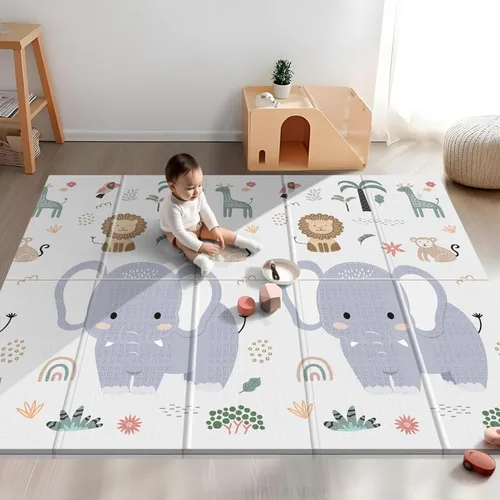 Miniatura 10 de NOONKTY Tapete de juego extra grande de 79 x 71 pulgadas para el suelo, tapete de juego de espuma plegable para bebés de 0 a 12 meses y niños, León