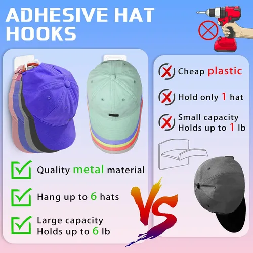 Miniatura 3 de Perchero para organizador de sombreros de pared (paquete de 6), estantes de metal para gorras de béisbol, ganchos adhesivos para sombreros