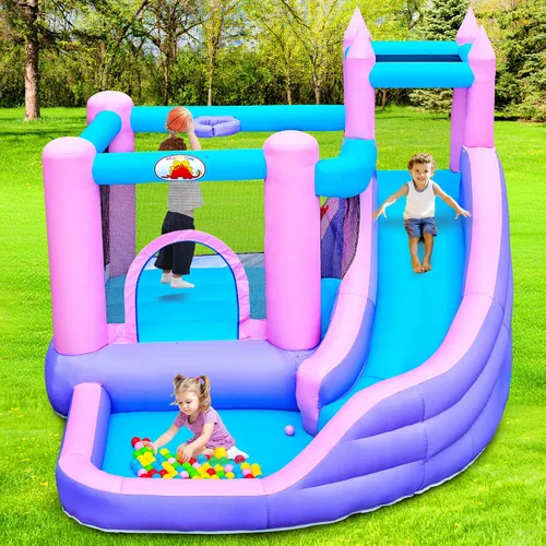 Miniatura 7 de WELLFUNTIME Casa inflable de rebote con tobogán, castillo de salto para niños con soplador, pozo de bolas, pared de escalada, diana, aro