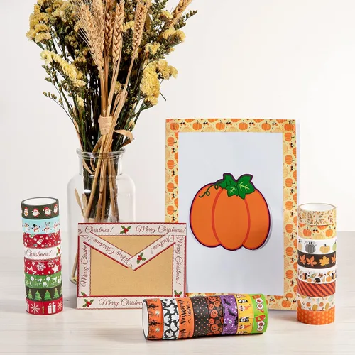 Miniatura 6 de Whaline 24 Rollos de Cinta Washi de Otoño Halloween Juego de Cinta Washi Navideña de Acción de Gracias Hojas de Otoño Calabaza Cinta de Enmascarar