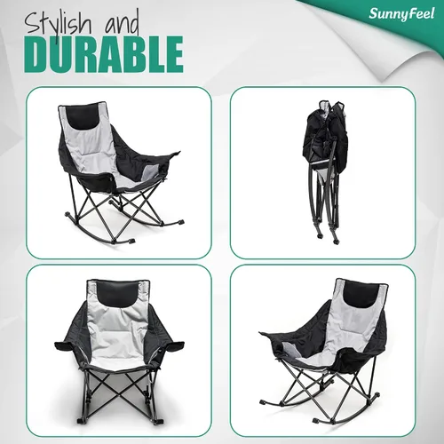 Miniatura 7 de SUNNYFEEL Silla Mecedora de Camping de Gran Tamaño, Silla de Patio Totalmente Acolchada con Bolsillo Lateral, Sillón Reclinable Portátil de Respaldo
