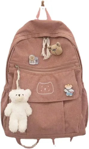 YUESUO Mochila grande de pana Kawaii con bonito colgante de oso, bolsa vintage para niñas, estudiantes, mochila escolar, mochila para libros, Rosa