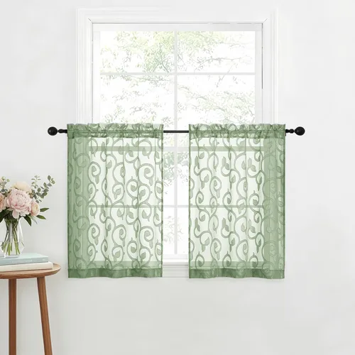 Miniatura 96 de OWENIE Furman - Juego de 2 paneles de cortinas traslúcidas negras de 24 pulgadas de largo, cortinas semitransparentes de jacquard ligeras y aireadas