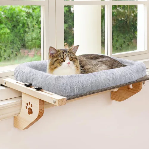 Miniatura 9 de AMOSIJOY Asiento de hamaca resistente para gatos con funda de cama acolchada, marco de madera y metal para gatos grandes, fácil de ajustar, alféizar