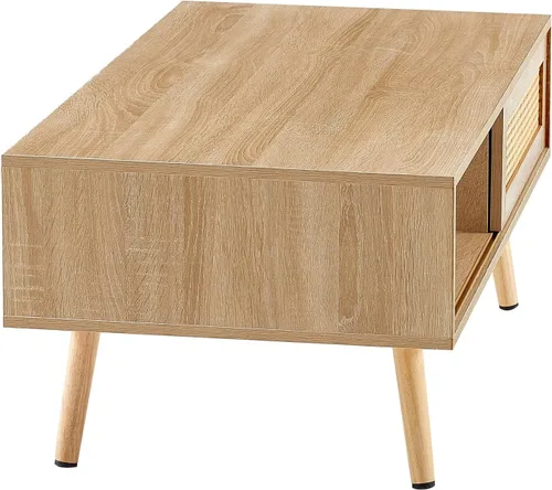 Miniatura 6 de IANIYA Mesa de centro moderna con almacenamiento, mesa rectangular de 41.3 pulgadas con centro de madera con puerta corrediza tejida de ratán PE
