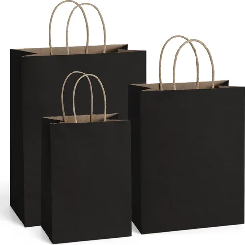BagDream 75 bolsas de papel kraft de 5 x 3 x 8 y 8 x 4.25 x 10 y 10 x 5 x 13 pulgadas, bolsas de regalo negras con asas a granel para manualidades,