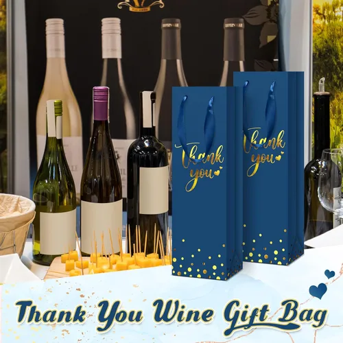 Miniatura 6 de Ctosree 30 bolsas de regalo para botellas de vino con asa de 4.3 x 3.5 x 13.7 pulgadas, bolsa de papel de licor para agradecimiento, papel de azul
