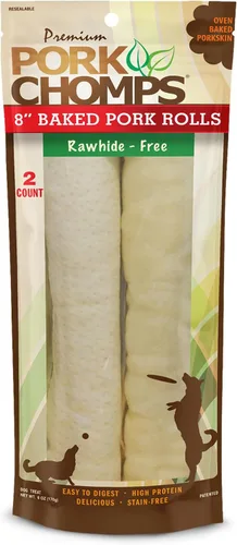 Pork Chomps Masticables para perros de piel de cerdo al horno, rollos de 8 pulgadas, 2 unidades