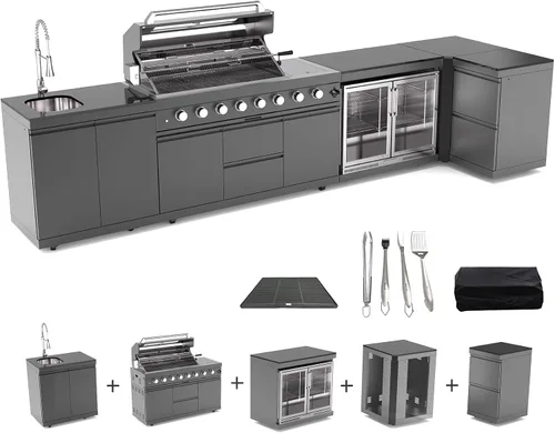 Isla de cocina al aire libre de 153 pulgadas, combinación de parrilla de gas propano de 96000 BTU con refrigerador y fregadero, gabinete de cajón,