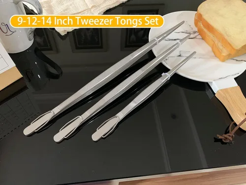 Miniatura 2 de JETKONG Pinzas de Cocina Extra Largas de Acero Inoxidable Resistente Pinzas de Cocina, Juego de 3 (9, 12, 14 pulgadas, plateado)