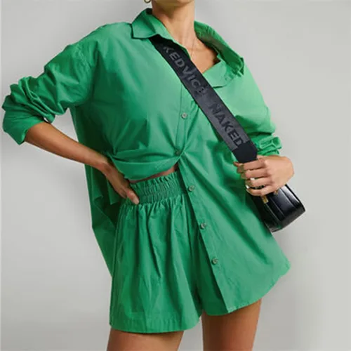 Miniatura 5 de Conjunto casual de 2 piezas para mujer blusa con botones y pantalones cortos de cintura alta conjunto de overoles