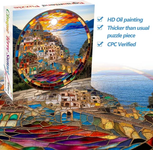 Miniatura 2 de Bgraamiens Rompecabezas de 1000 piezas con diseño de Cinque Terre Coastline Sunset, estilo vitral, vista italiana de la ciudad, perfecto