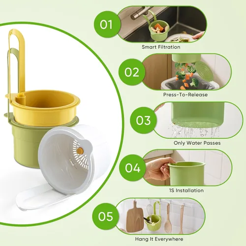Miniatura 2 de Colador colgante de residuos de alimentos para fregadero, cesta coladora de fregadero con descarga de prensa, diseño autolimpiante, colador de Verde
