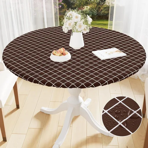 Mantel redondo de vinilo de 36 a 44 pulgadas, mantel elástico impermeable con reverso de franela, mantel de plástico para picnic, campamento, al Café