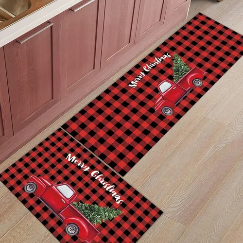 Miniatura 5 de Juego de alfombras y tapetes de cocina de Navidad, tapete de búfalo rojo a cuadros, antideslizante, tapete lavable para interiores