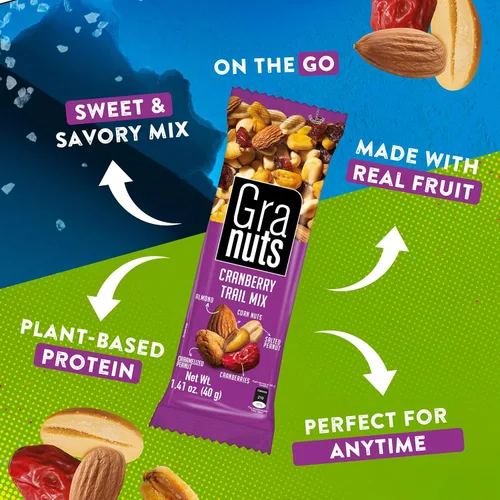Miniatura 6 de Granuts Cranberry Trail Mix Cacahuetes caramelizados Nueces de maíz crujientes + almendras Arándanos suaves Sabores salados + dulces Snack