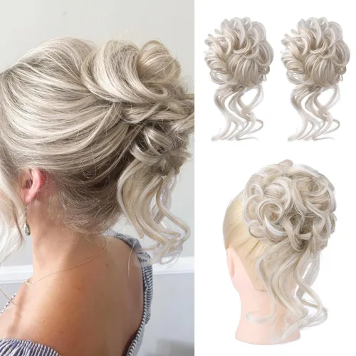 Miniatura 15 de HOOJIH 2 piezas de moño despeinado, recogido despeinado con mechones, extensiones de moño de cabello ondulado rizado, envoltorio de cabello, cola