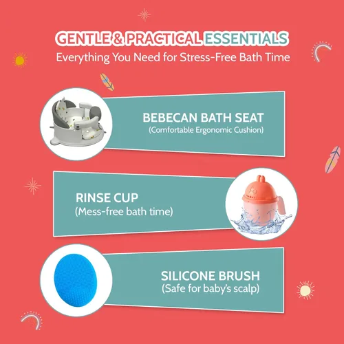 Miniatura 6 de BEBECAN Asientos de Baño Antideslizantes para Bebés 6-12 Meses, Silla de Bañera para Niños Pequeños con Cojín Lavable, Cepillo de Tapa y Taza