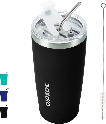 BJPKPK Vaso térmico negro con tapa y pajita, de acero inoxidable, de 20 onzas, para café Pintura de caucho negro