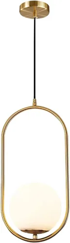 KCO Moderna lámpara colgante de globo de vidrio de 1 luz, lámpara colgante dorada y blanca, iluminación colgante minimalista de latón cepillado de