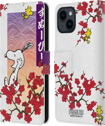Head Case Designs Funda con licencia oficial de Peanuts Cherry Blossoms 2 Oriental Snoopy - Funda tipo cartera de piel compatible con Apple iPhone 15