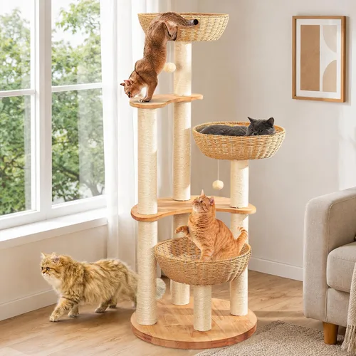 Torre moderna de 54 pulgadas para gatos de interior, árbol rascador de roble para múltiples gatos grandes, condominio de lujo tejido a mano manual,