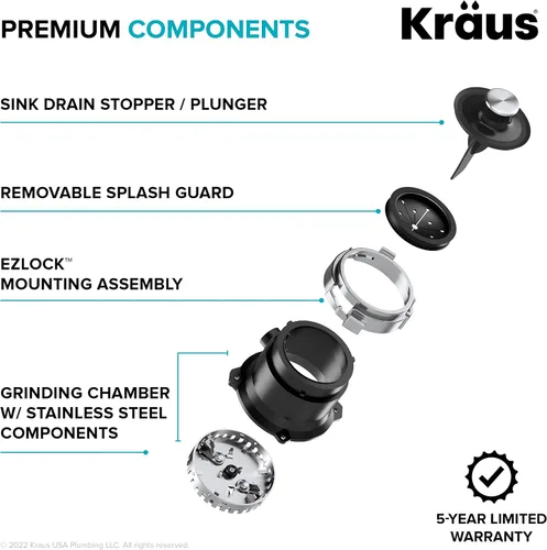 Miniatura 13 de KRAUS WasteGuard KWD100-33MBL - Triturador de basura ultra silencioso de 1/3 HP con conexión rápida, cubierta de drenaje para fregadero de cocina