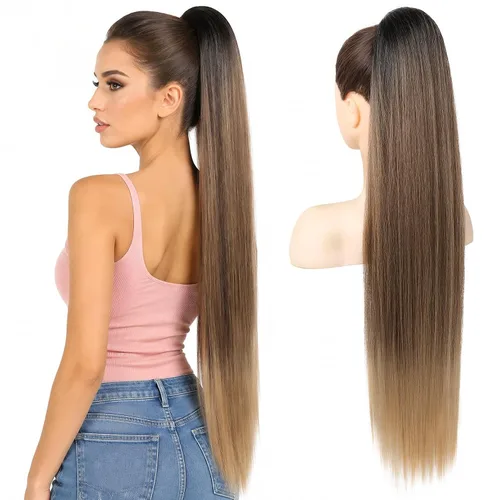 Miniatura 12 de SEIKEA Extensiones de cola de caballo con cordón, larga y recta, cola de caballo falsa, natural, suave, extensiones de cabello sintético resistente