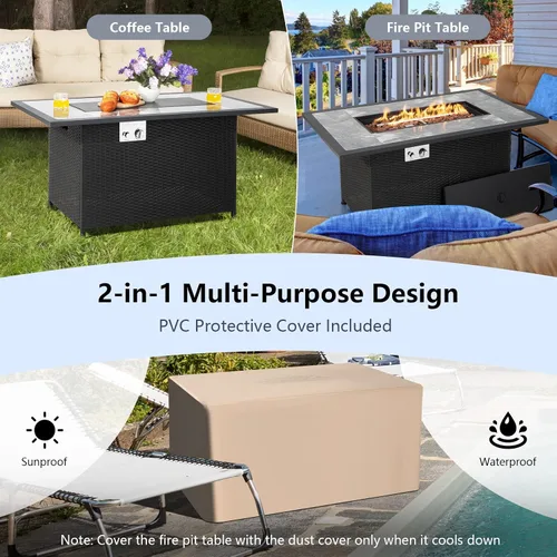 Miniatura 7 de COSTWAY Mesa de fuego de propano para patio de 52 pulgadas, mesa de fuego para exteriores de 50,000 BTU, encendido por pulso, mesa de mármol y ratán