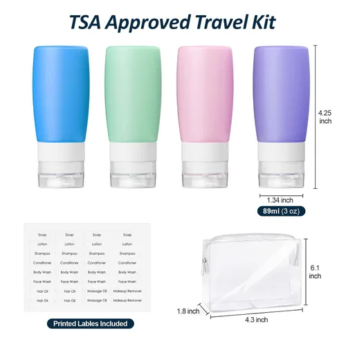 Miniatura 9 de PACKISM Paquete de 5 bolsas de aseo aprobadas por la TSA con botellas, kit de contenedor de viaje de silicona de 3 onzas a prueba de fugas