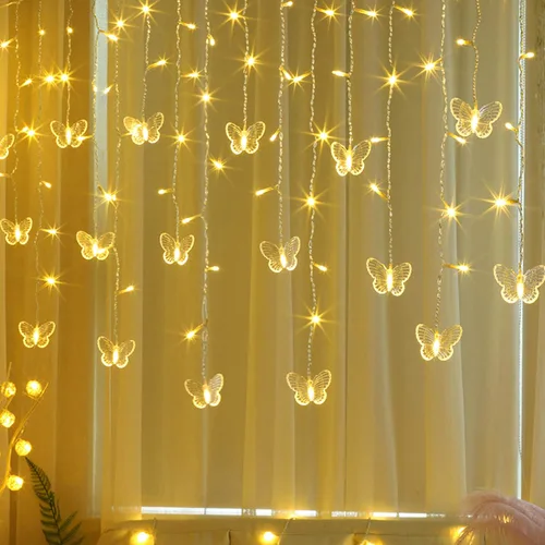 Miniatura 5 de Luces de cortina de mariposas, 13 pies, 96 luces LED USB, luces de hadas para ventana, 16 mariposas, 8 modos, luces de luciérnaga, centelleo, Blanco